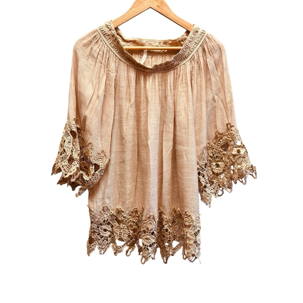 IRE Beige Cream Lace Top Elastic Neck Long Sleeve Sheer Feminine Blouse